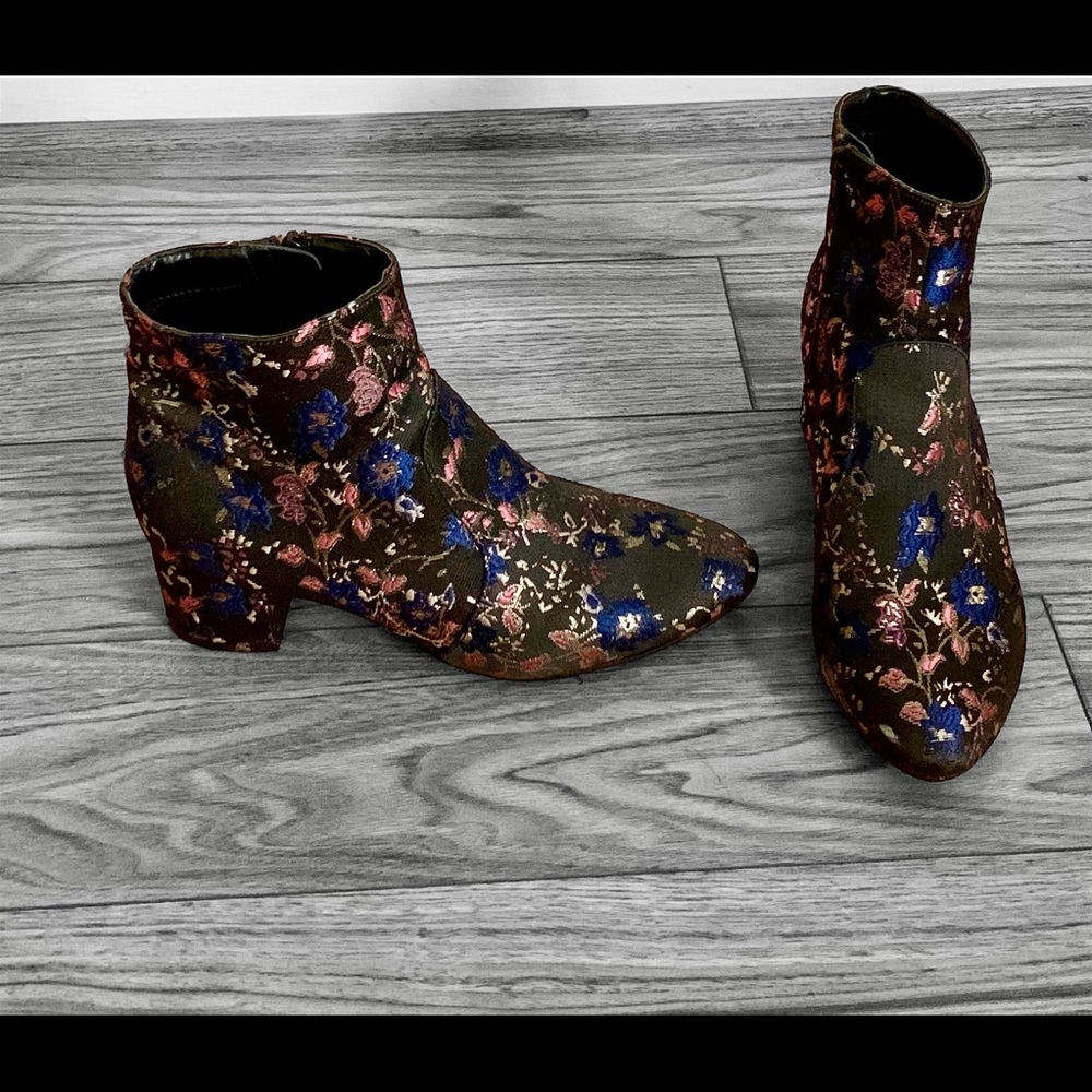 Pink and Blue Floral Patterned Black Boots